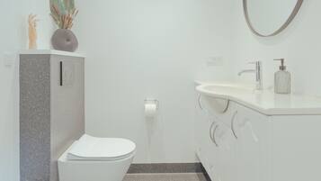 A modern bathroom with a toilet, sink, mirror, and a trash bin.