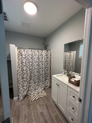 Hair dryer, towels, soap, shampoo