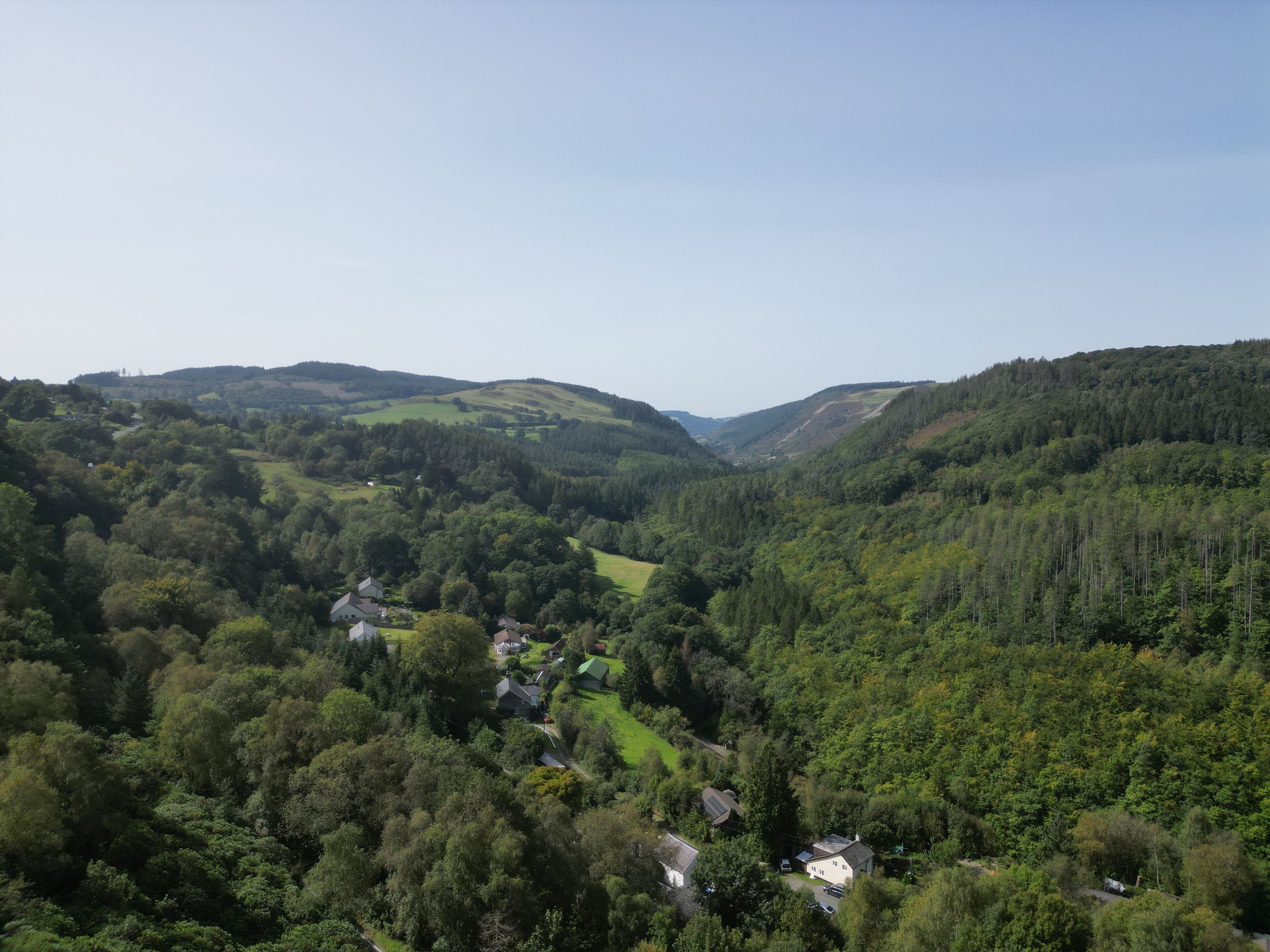A valley with houses surrounded by dense forest and hills.
