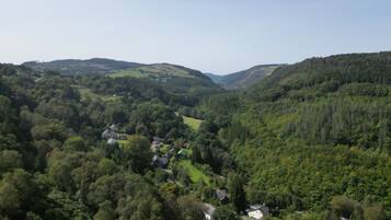 A valley with houses surrounded by dense forest and hills.