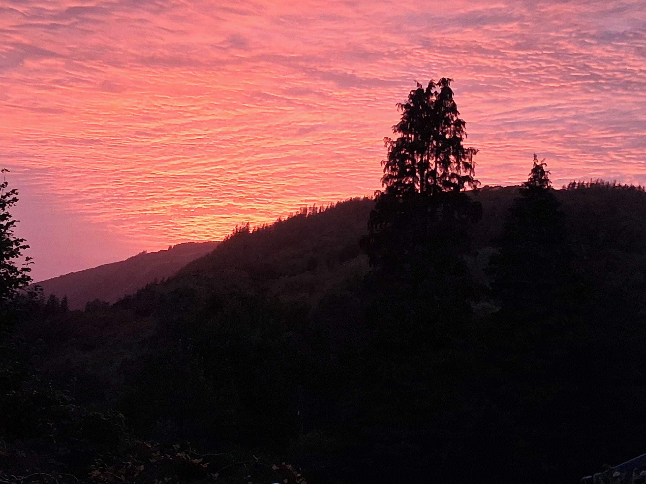 Un atardecer sobre un paisaje montañoso con árboles silueteados contra el cielo.