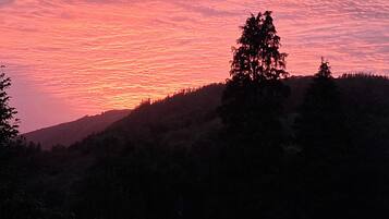 Un atardecer sobre un paisaje montañoso con árboles silueteados contra el cielo.