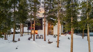 Een moderne cabin omringd door hoge dennen met een met sneeuw bedekte grond.