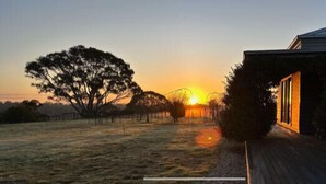 A sunset view from a house with a wooden deck and a large tree in the foreground.