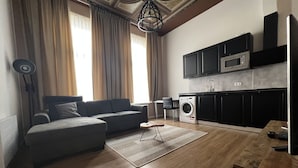 A modern living room with a sofa, a washing machine, and a kitchen area with cabinets and a microwave. - Rotterdam Inn (Rotterdam)