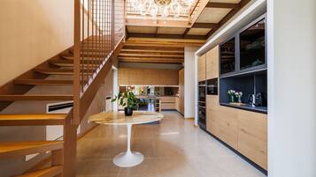 Villa | Private kitchen | Full-sized fridge, microwave, oven, stovetop