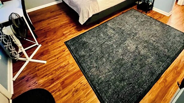 A bedroom with a bed, a desk, a chair, a black patterned rug, and a small framed picture on the wall. - AU Condo Getaway Across From Vet School - Kitchen, Pools, Queen BR, Pets Welcome (Auburn)