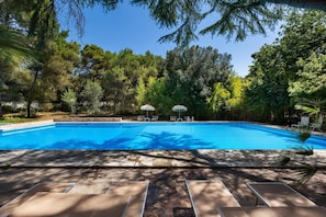 A swimming pool with lounge chairs and umbrellas, surrounded by trees.