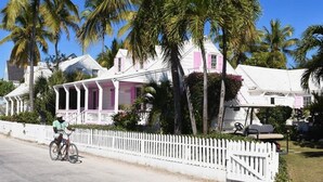 Una casa blanca con contraventanas rosas y un porche, rodeada de palmeras.