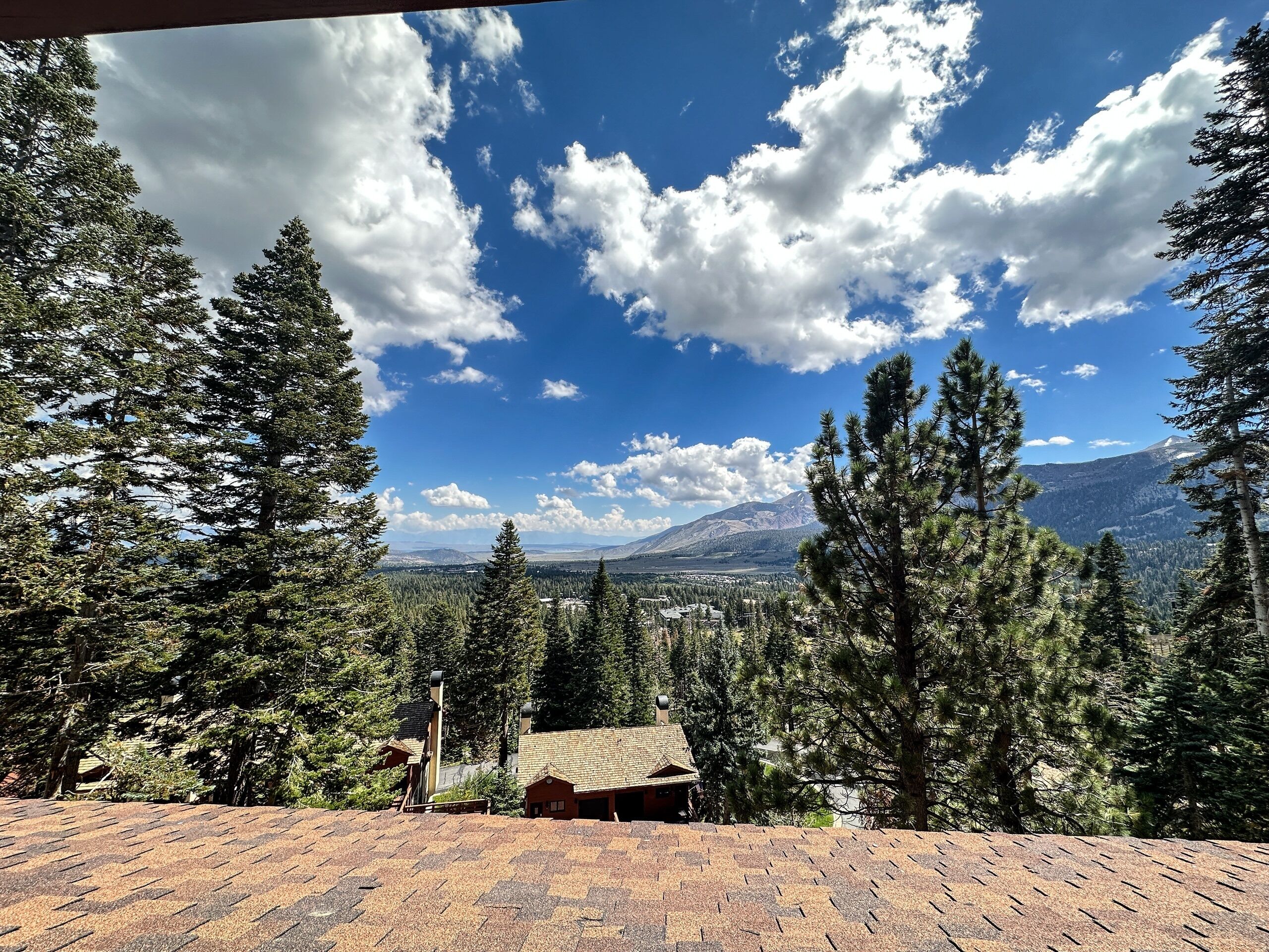 A mountain view with a cabin and surrounding trees.