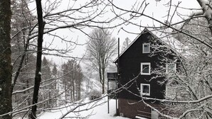 Una cabana de fusta coberta de neu amb un teulat pronunciat, envoltada d'arbres despullats i un paisatge nevós.