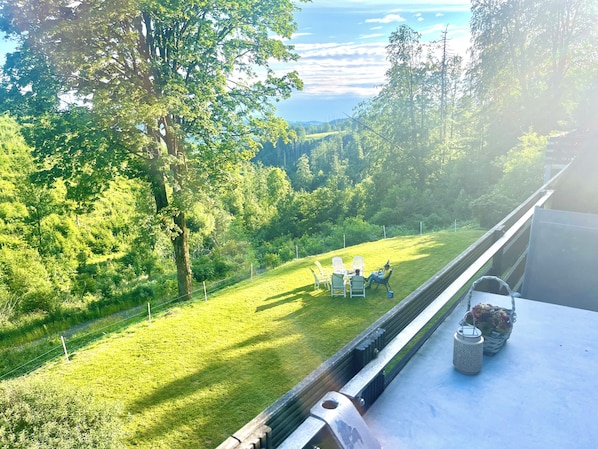 Nurmikkoalue ulkona, jossa on tuoleja ja pöytä, ja aluetta ympäröivät puut.
