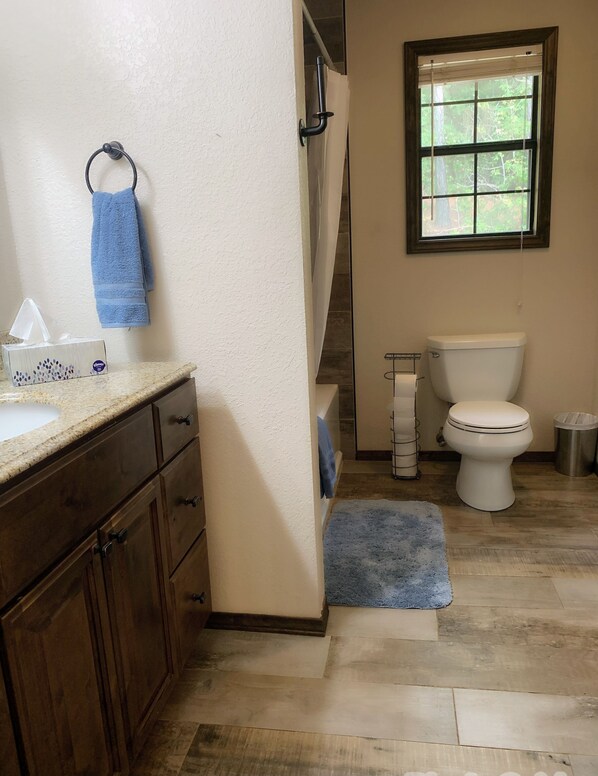 A bathroom with a wooden vanity, a toilet, a window, and a blue rug.