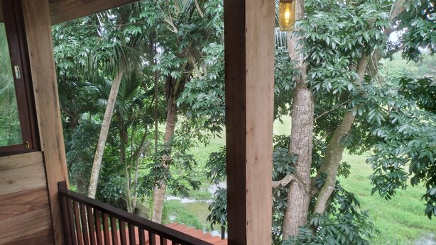A wooden balcony with a view of lush greenery and a water feature. - Green Herbal Ayurvedic Eco-Chalets  (Unawatuna)