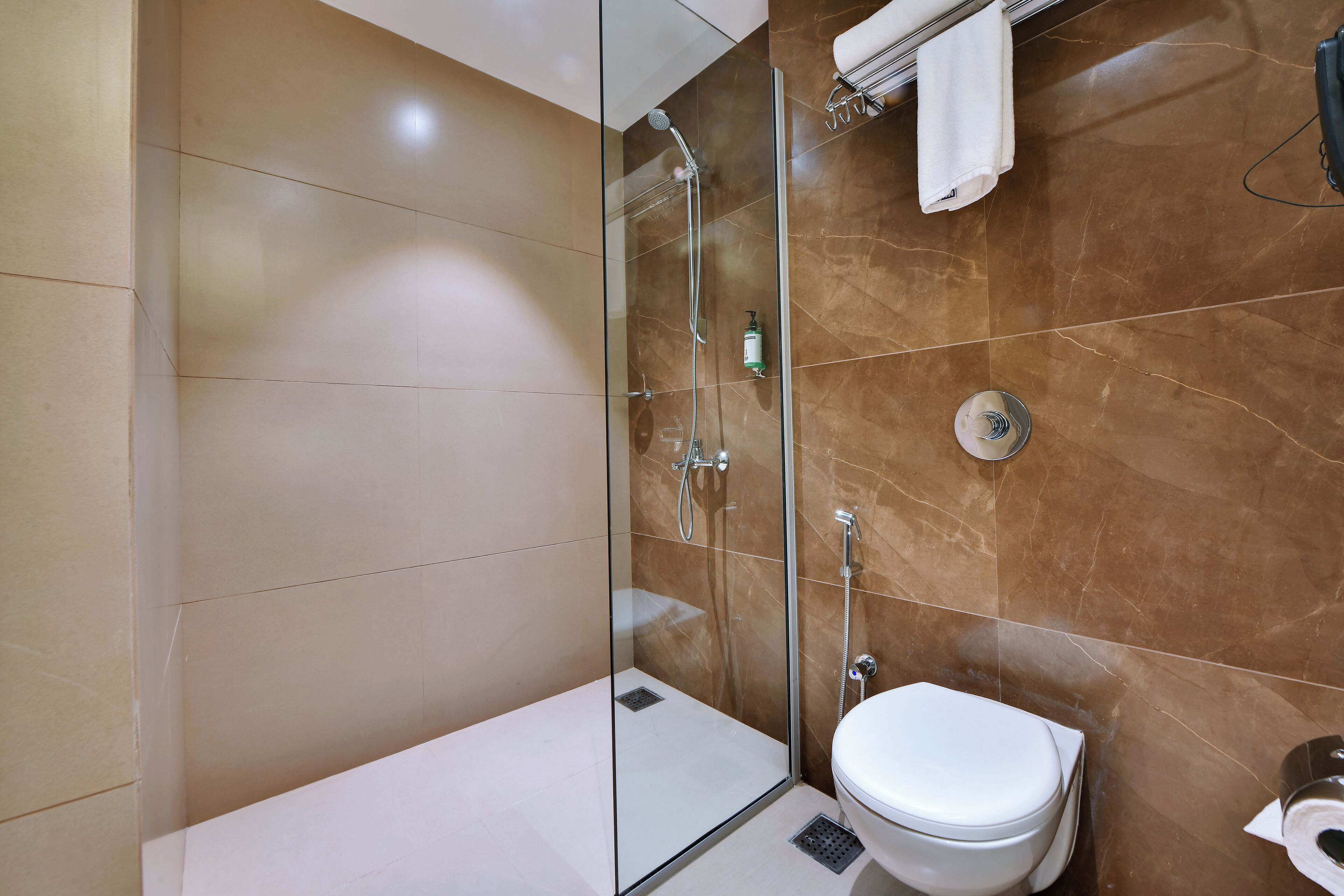 A modern bathroom with a glass-enclosed shower, a white toilet, and a marble-tiled wall.