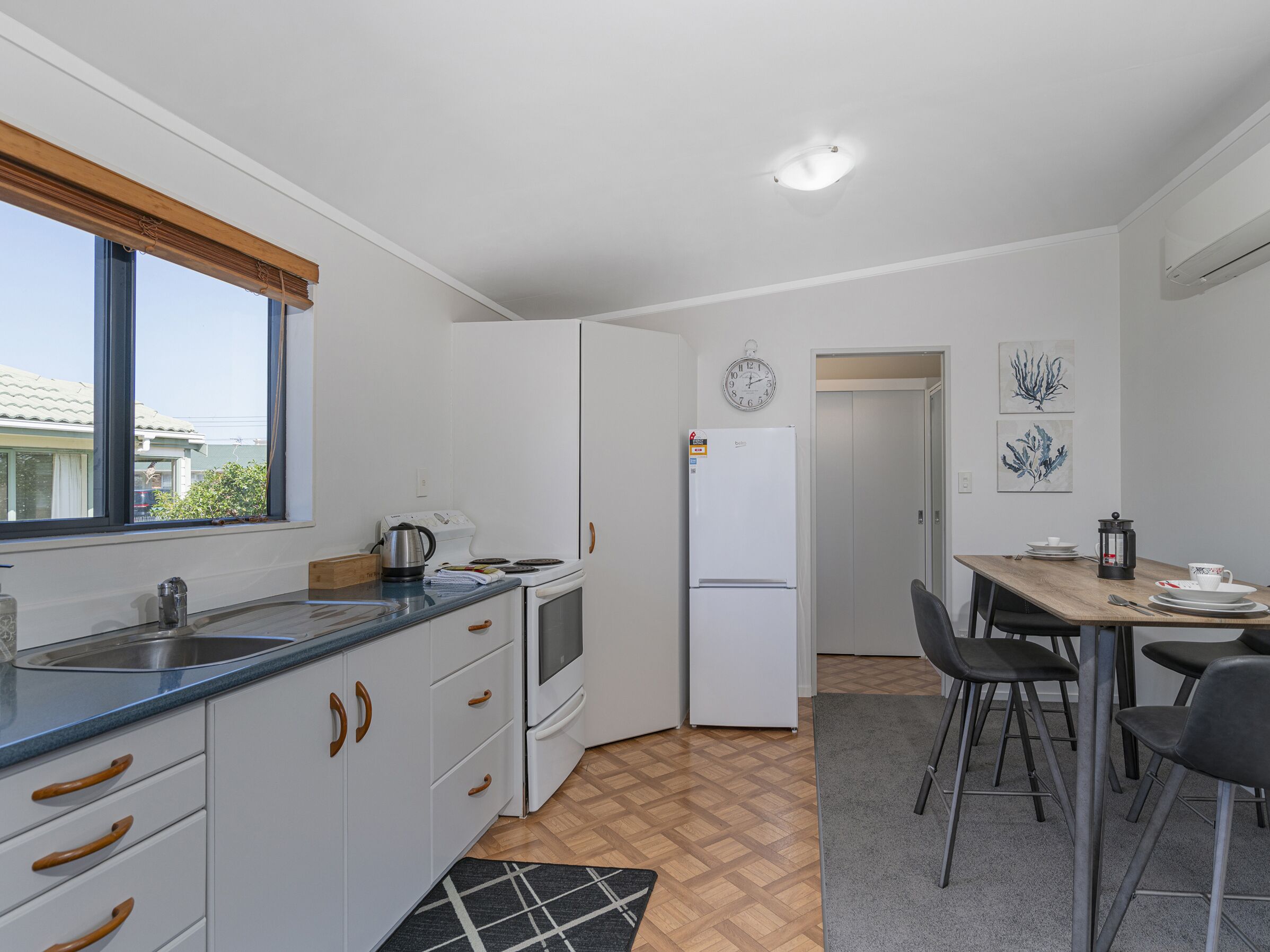 Fridge, microwave, toaster, cookware/dishes/utensils