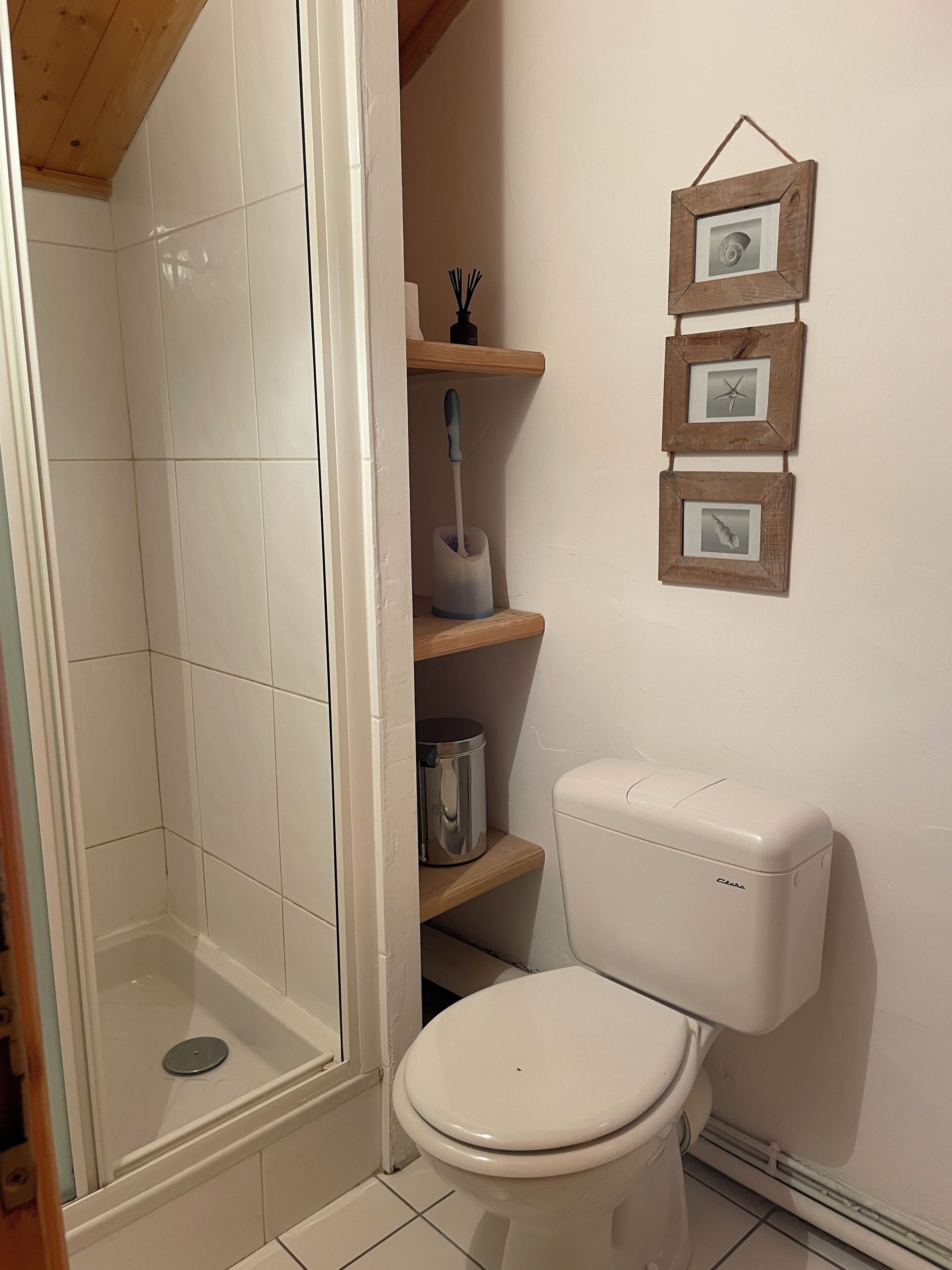 A bathroom with a white toilet, a shower, and a shelf with a picture frame.