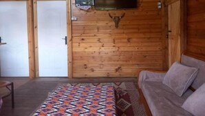 Interior de una cabaña de madera con sofá, alfombra estampada, televisión instalada y un reloj en la pared.