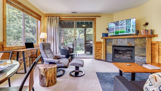 Una sala de estar acogedora con chimenea, asientos cómodos, un televisor y vistas al exterior.