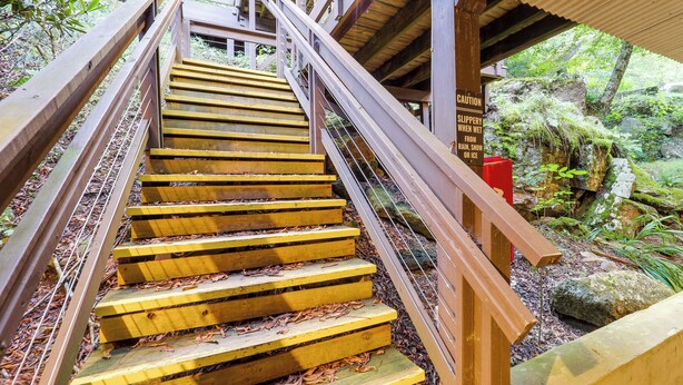 A wooden staircase with metal railings leading to a covered area. - Walk to Slopes! Beech Mountain Condo, Pet Friendly (Banner Elk)