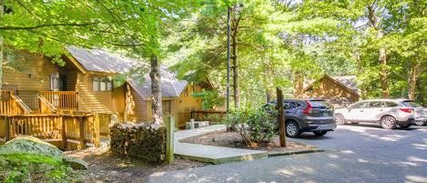 A row of log cabins with a paved driveway and parked cars.