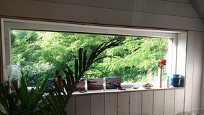 Een kamer met een raam dat uitkijkt op een groen landschap, een radiator en een plank met verschillende spullen.