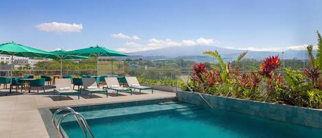 Un área de piscina con sillones de descanso y sombrillas, una piscina con vistas a montañas, y una zona ajardinada con plantas.