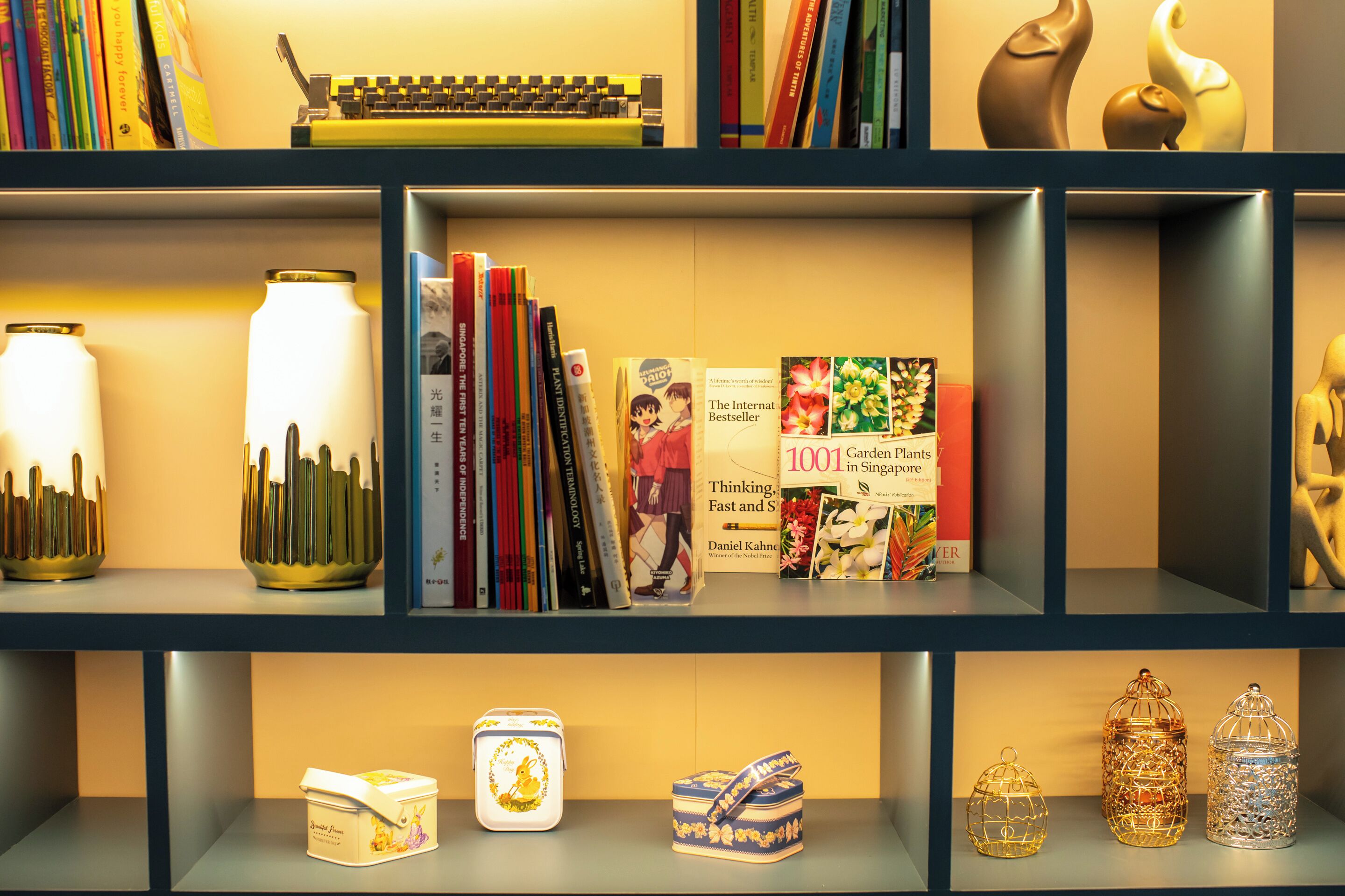 Una estantería con libros, objetos decorativos y una máquina de escribir.