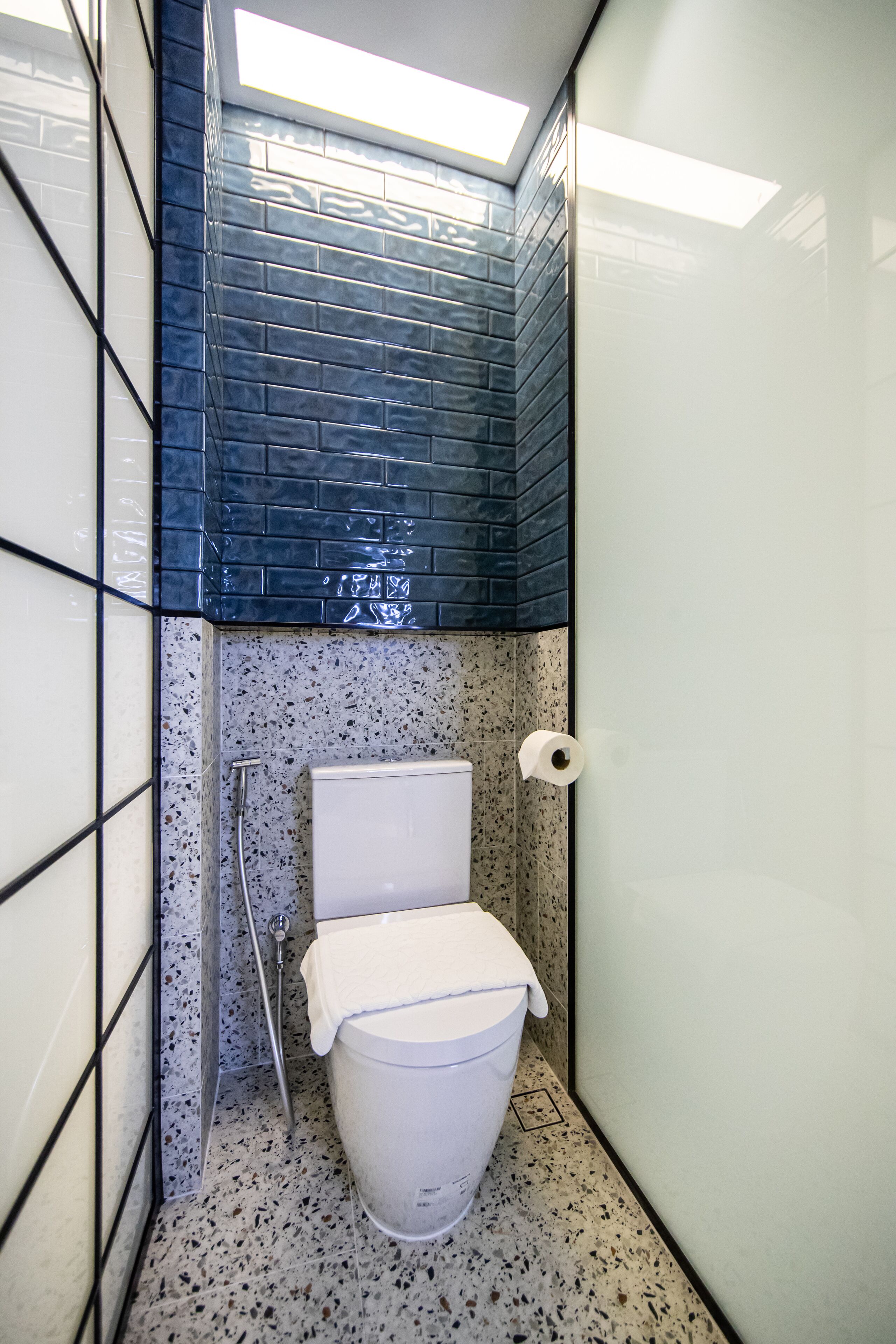 Un baño con inodoro, ducha y perchero.