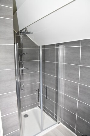 Regadera, secadora de cabello, papel de baño 