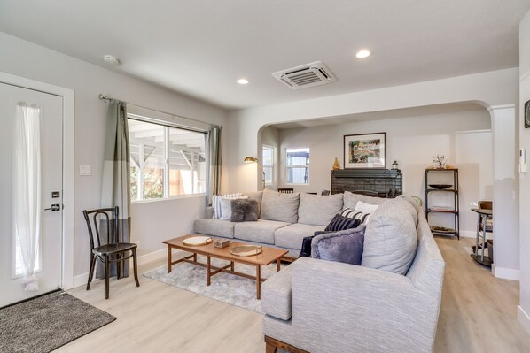 TV, fireplace, books