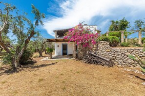 A rustic house with a stone wall, a wooden pergola, and a garden with dry grass and trees.