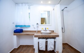 Ducha, secador de pelo, toallas, jabón
