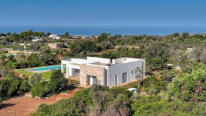 Una villa moderna con piscina, rodeada de abundante vegetación y vistas al mar.