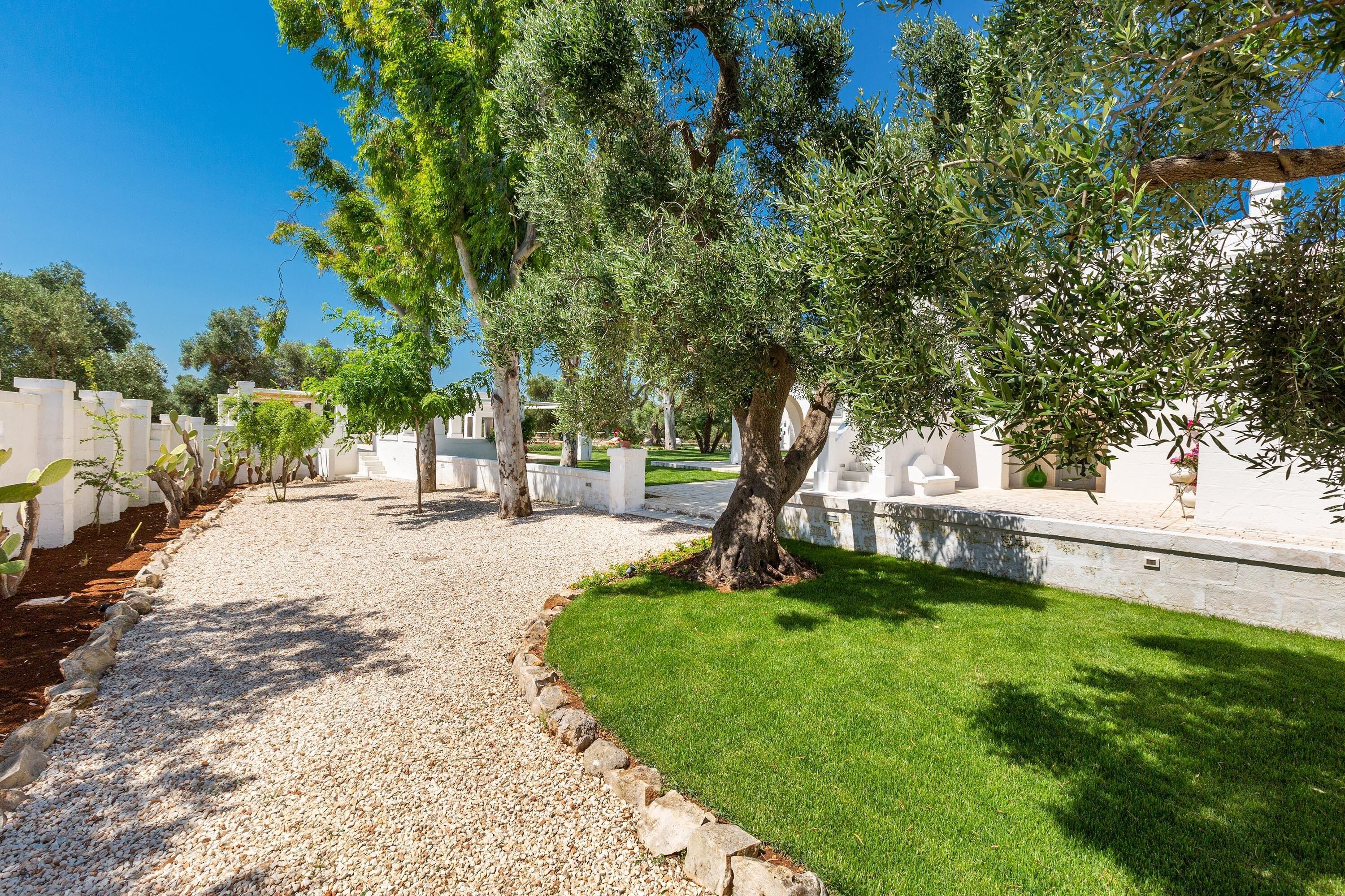 A pathway lined with trees and white walls, leading to a grassy area.