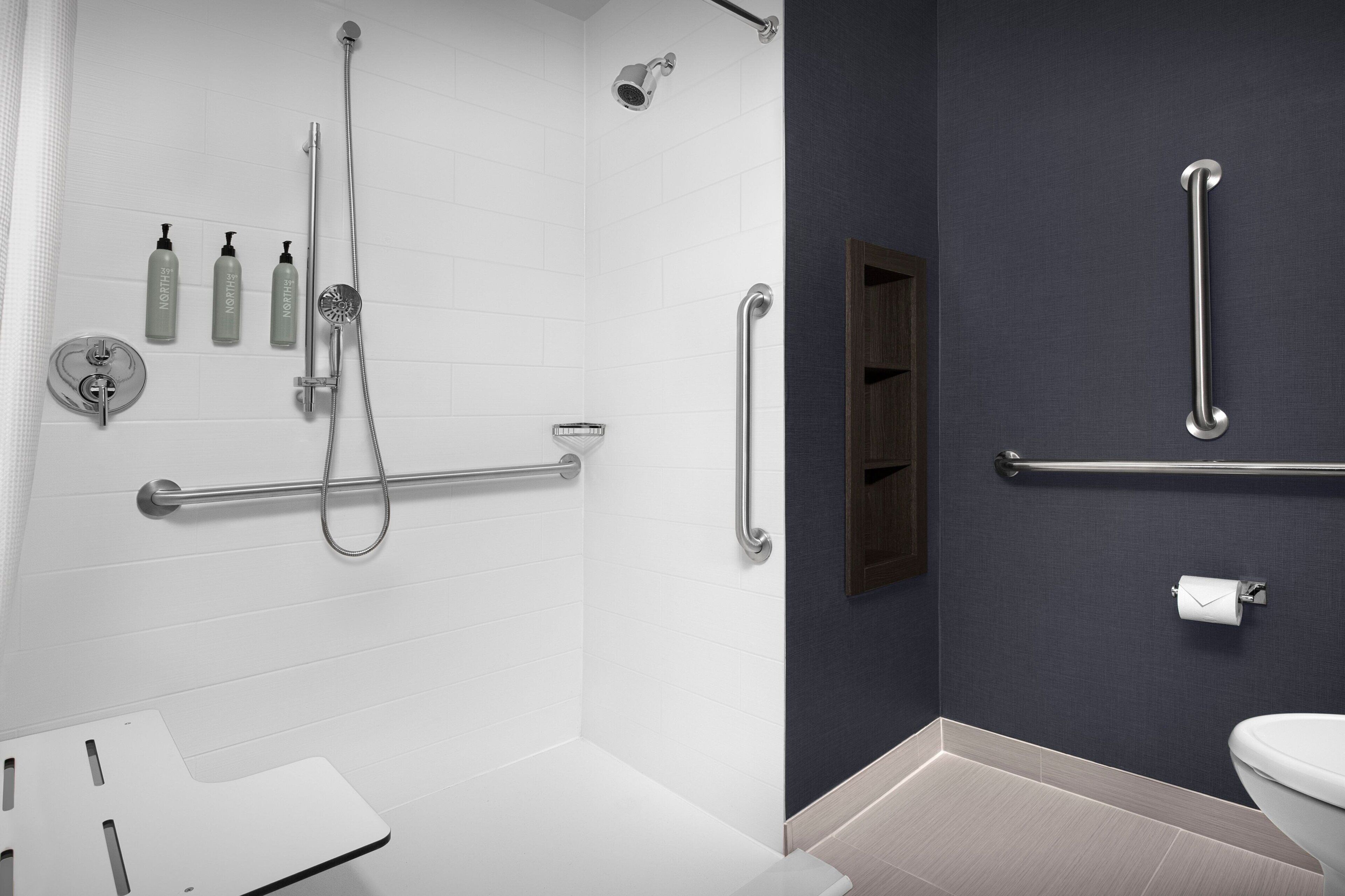 A modern bathroom with a walk-in shower, grab bars, a toilet, and a sink.