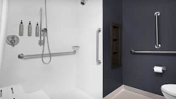 A modern bathroom with a walk-in shower, grab bars, a toilet, and a sink.