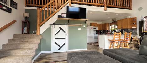 Smart TV, fireplace, foosball