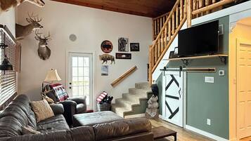 Smart TV, fireplace, foosball