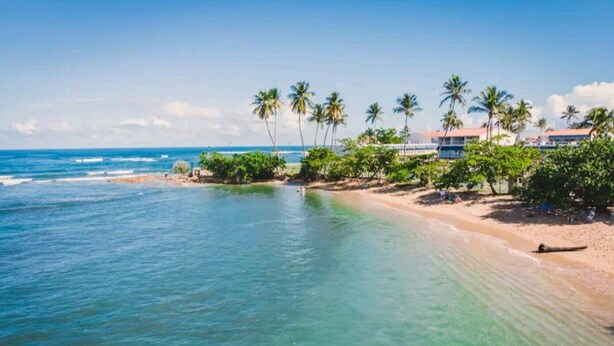 A beach with clear turquoise waters, palm trees, and a building with a red roof in the background. - 6 guests, 4 min Walk to Private Beach, casino, bowling alley and much more ! 
 (Dorado)