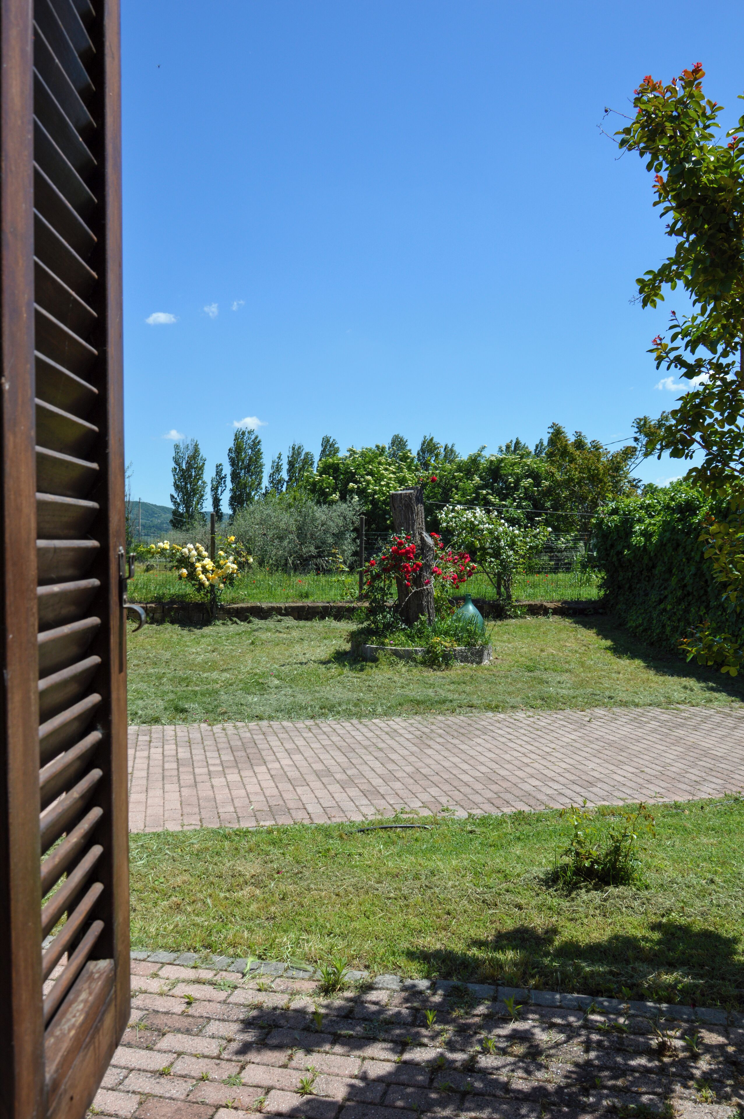 A garden with a brick pathway, a wooden gate, and various plants and flowers.