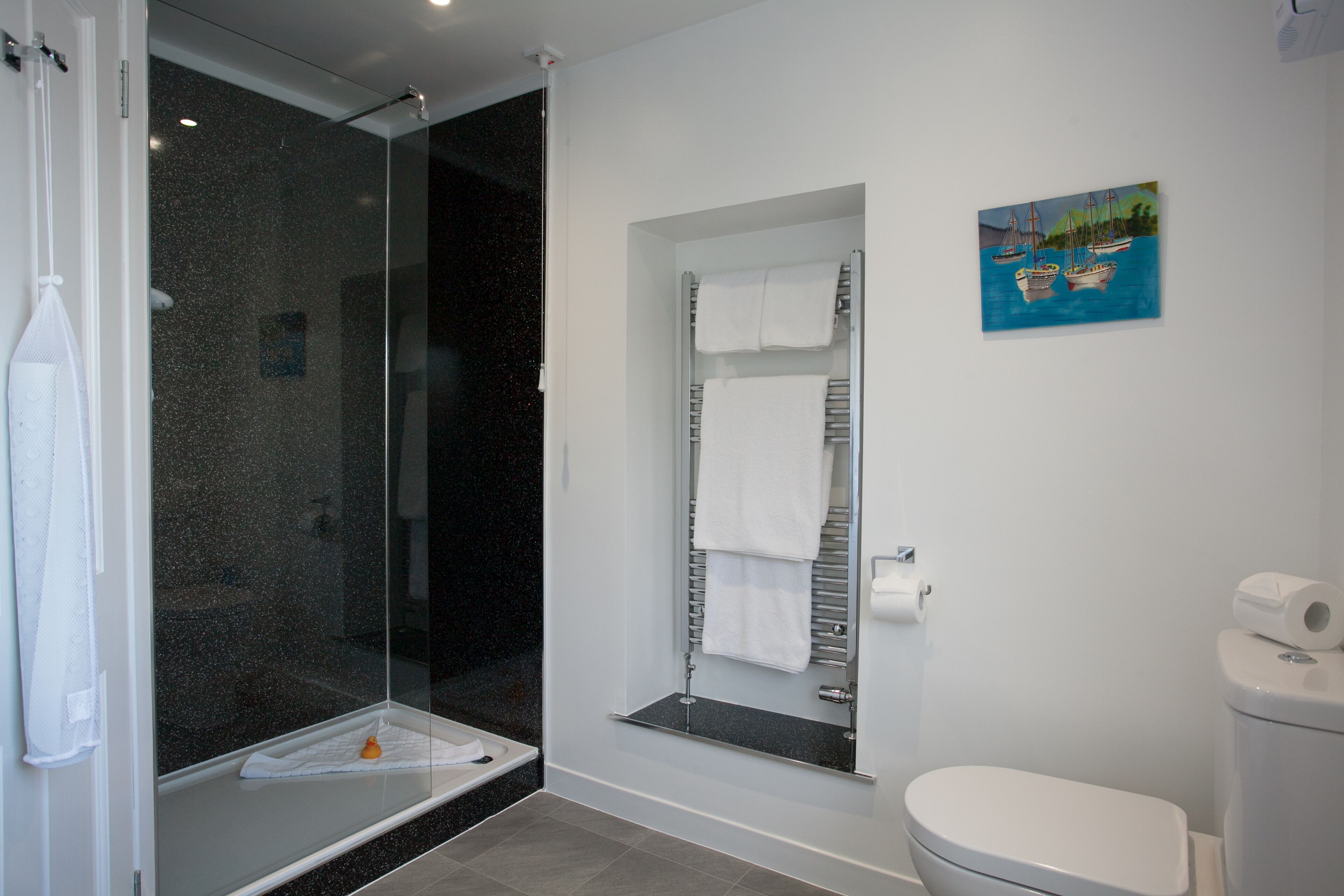 A modern bathroom with a glass shower enclosure, a toilet, and a towel rack.