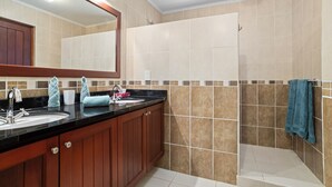 Une salle de bain avec un lavabo, un miroir et une douche.