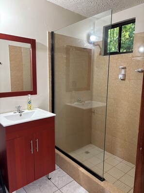 Regadera, toallas, jabón, shampoo 