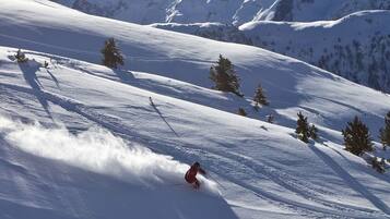 Eine verschneite Berglandschaft, ein Skifahrer fährt einen Hang hinab.