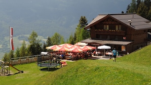 A wooden chalet with outdoor seating and a view of snow-capped mountains. - Hotel Alpina Resort nature & wellness (Wenns)