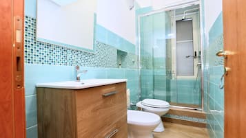 Shower, hair dryer, bidet, towels