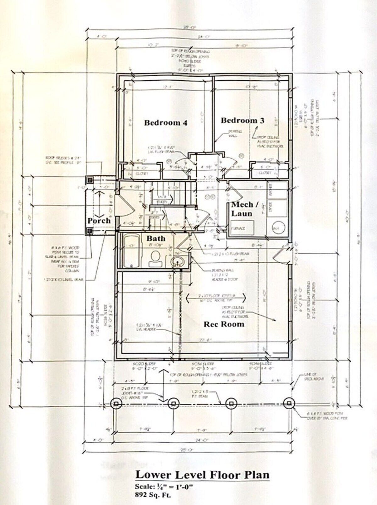 A lower level floor plan of a building with 892 sq. ft., including Bedroom 4, Bedroom 3, a Porch, a Bath, a Rec Room, and a Mech/Laun.