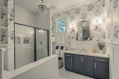 Shower, hair dryer, towels, soap. Romantic 1840s Schoolhouse > Private Hot Tub > 1 Hr to Saratoga