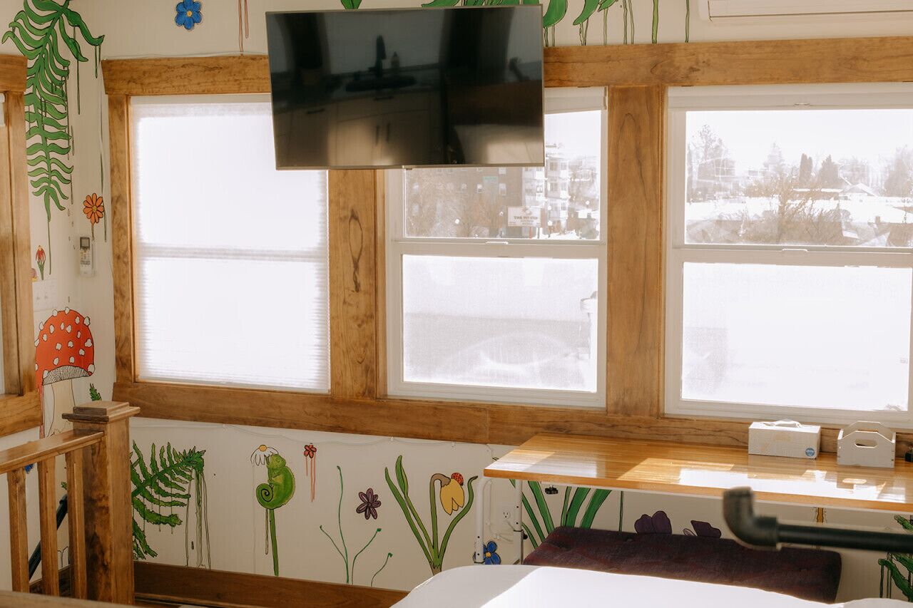 Une pièce aux murs en bois, avec de grandes fenêtres, un téléviseur fixé au mur et un bureau en bois sur lequel se trouvent un ordinateur et une petite plante.